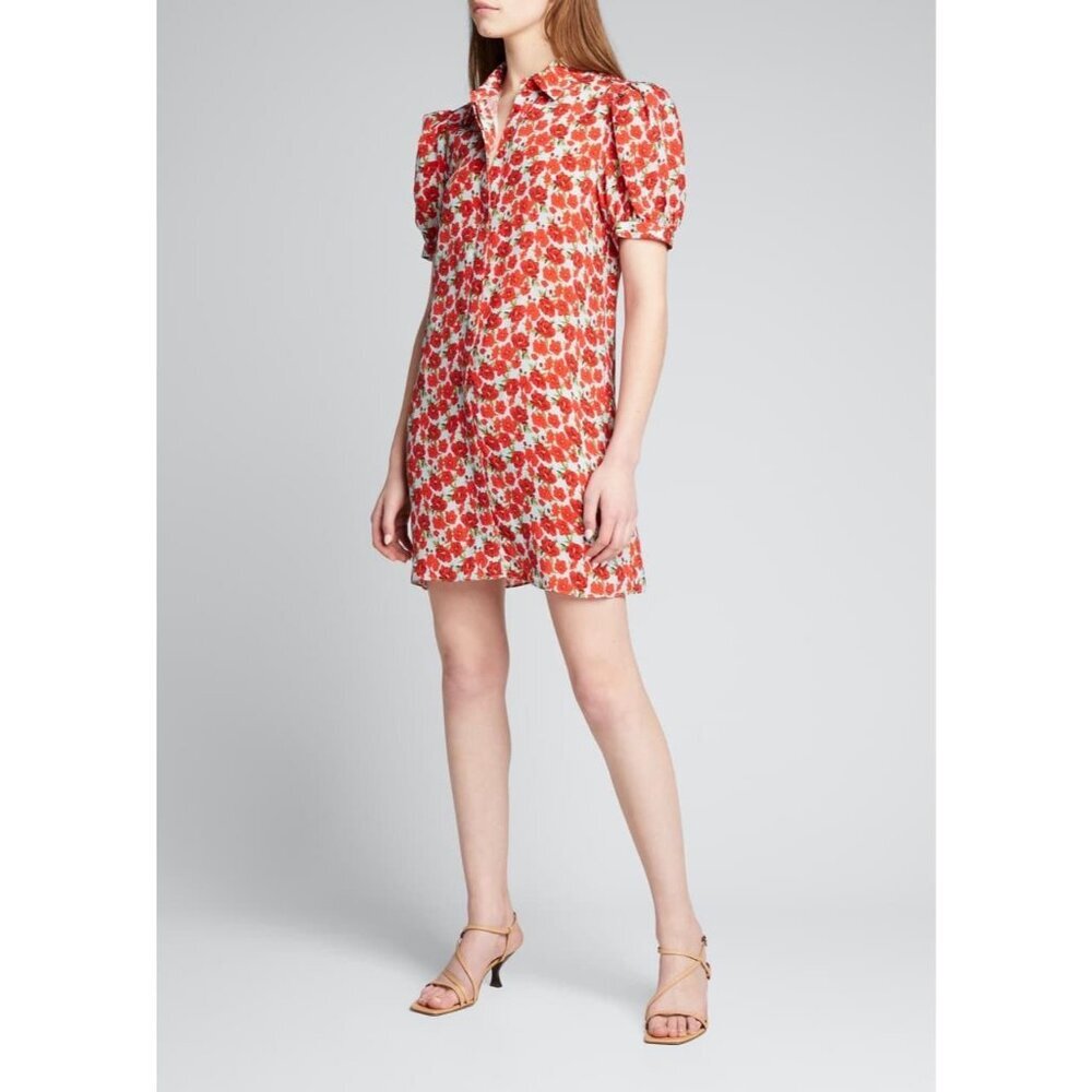 Alice And Olivia Jem Puff Sleeve Shirt Dress Roses Floral Size Medium